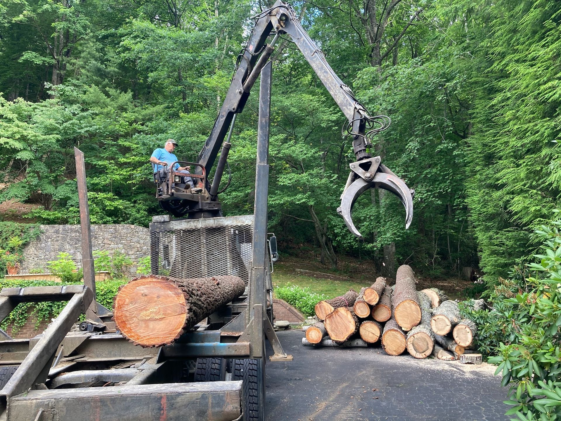 A log truck with a crane loading logs. A man operates the crane near a pile of cut logs in a wooded area.
