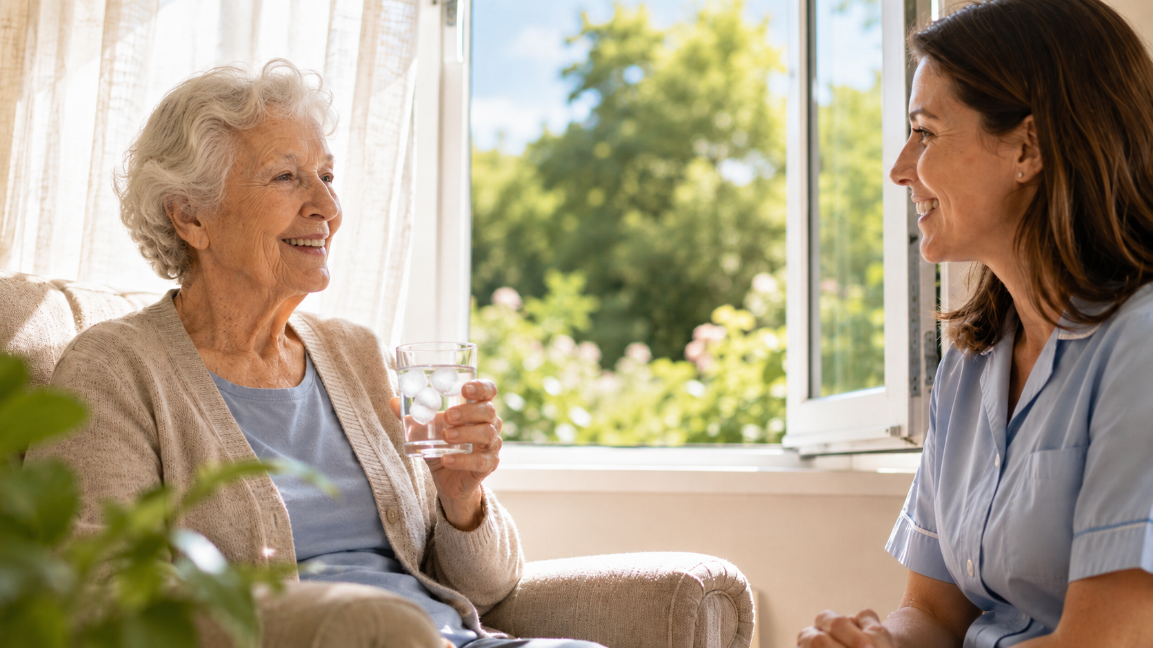 Elderly woman staying cool and hydrated indoors during a summer heat wave with help from an in-home 