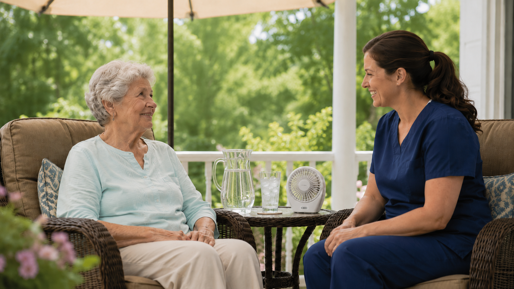 Senior staying cool in a shaded outdoor area with help from a caregiver during summer
