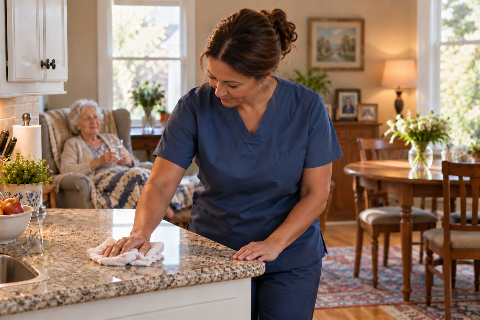 Caregiver cleaning high-touch surfaces in a senior's home to help prevent colds and flu