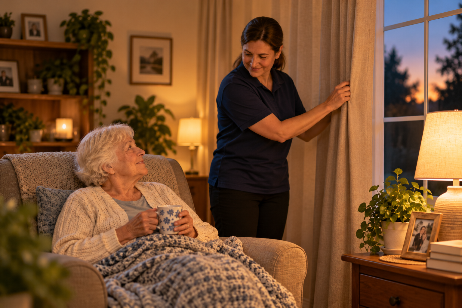 Caregiver closing curtains and turning on lamps before dusk to help prevent sundowning in a senior with dementia