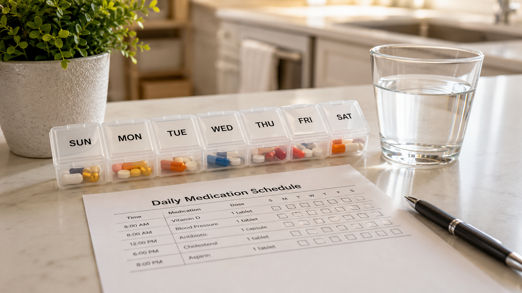 Weekly pill organizer and written medication schedule used to help a senior take medications on time