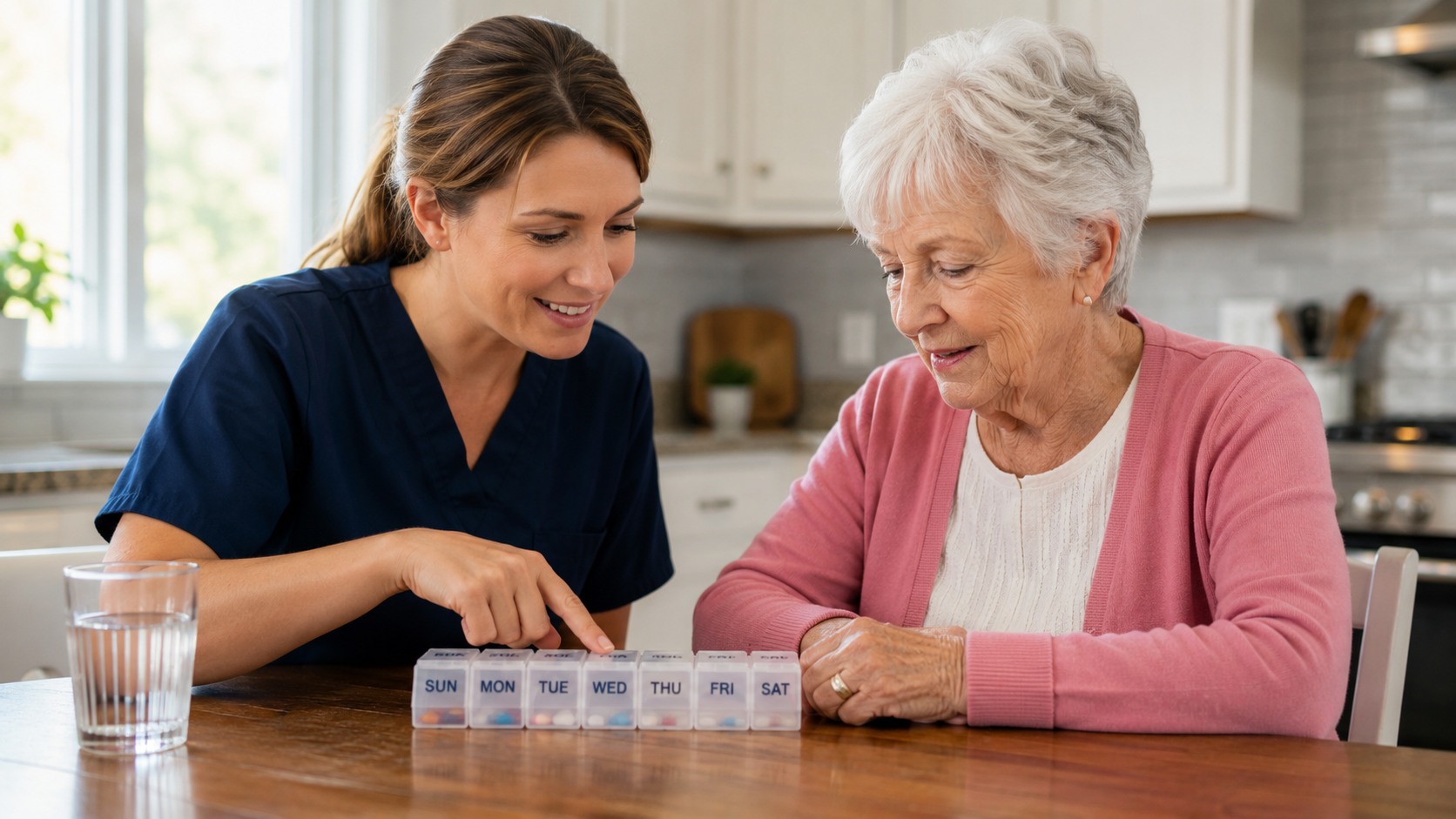 In-home caregiver helping a senior woman stay on schedule with a weekly pill organizer in Western Ma