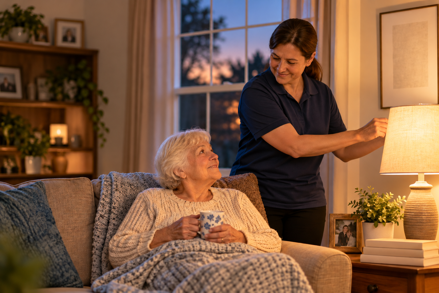  Caregiver helping a senior with dementia stay calm in the evening with soft lighting and a quiet ac