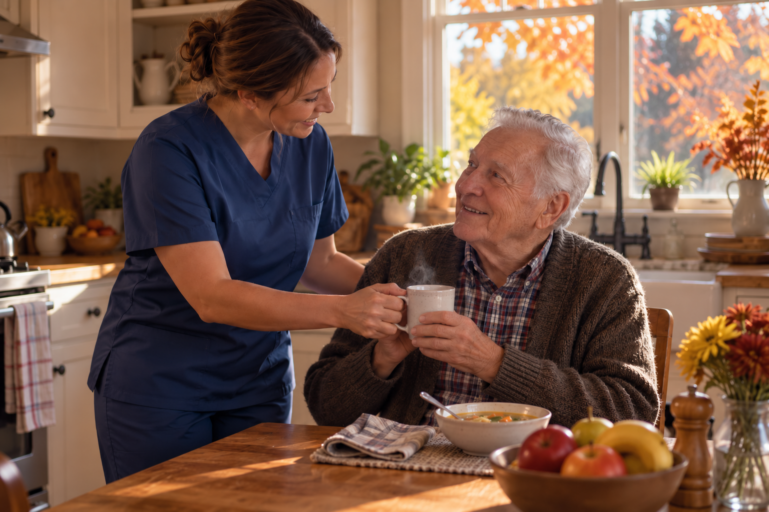 In-home caregiver serving warm tea and a healthy meal to a senior to help him stay well during cold 