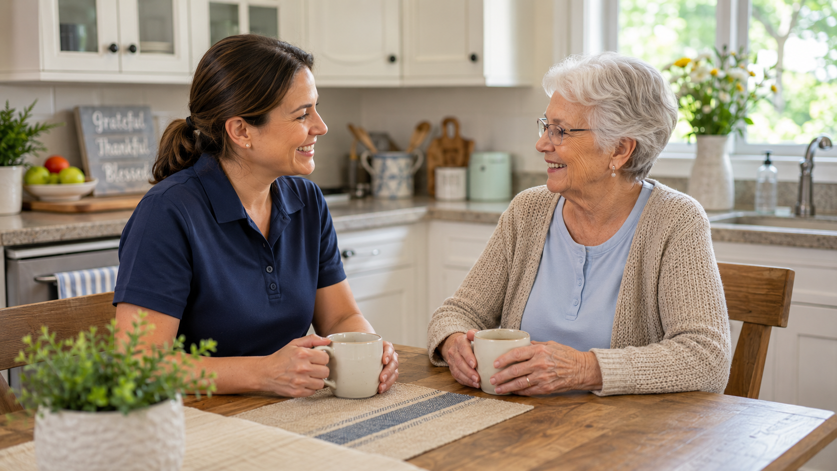 Older woman speaking comfortably with a caregiver on a couch in a bright welcoming home environment.