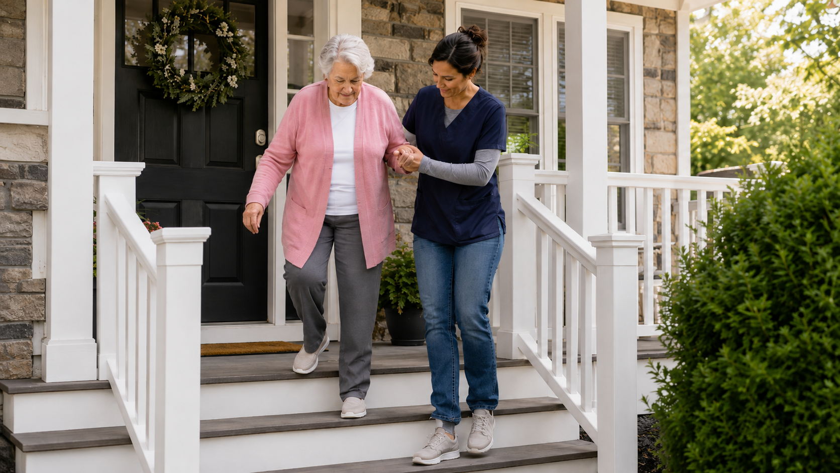 Caregiver helping a senior safely use outdoor stairs at home in Western Massachusetts

