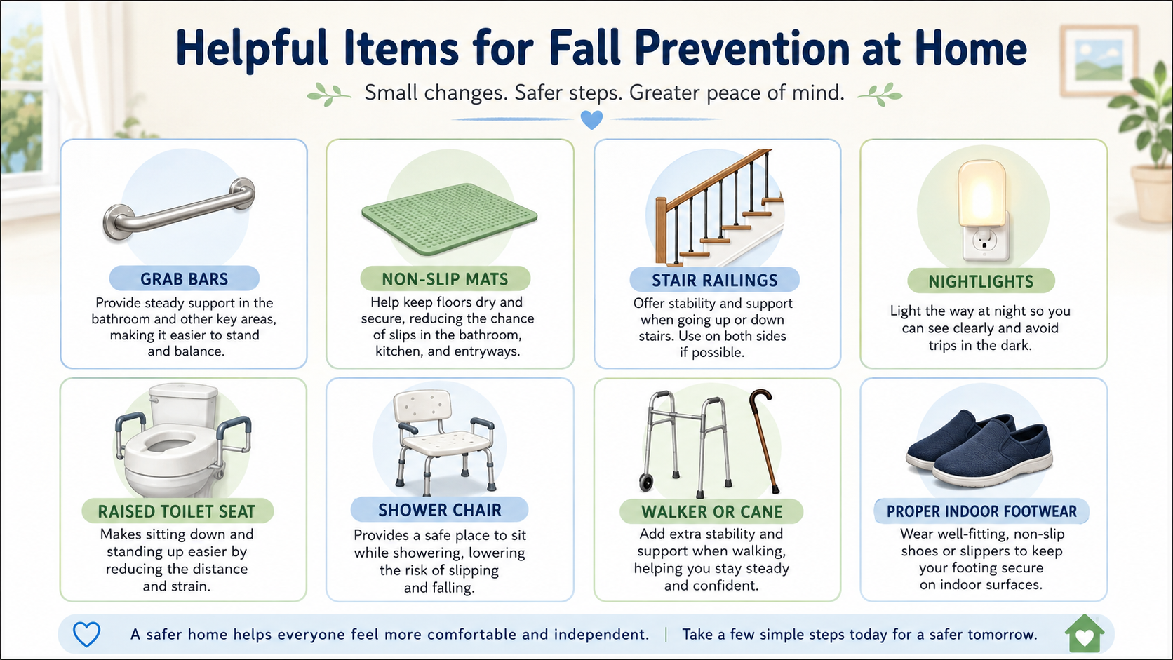 Guide showing helpful fall prevention items for seniors at home