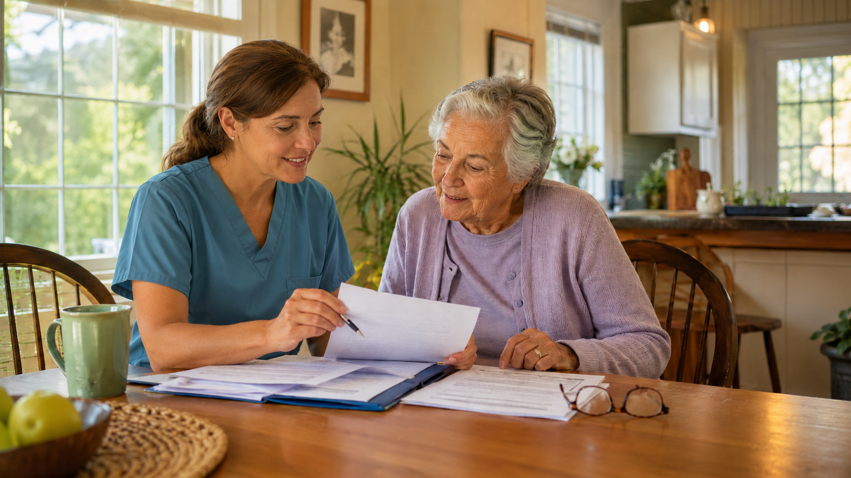 Health care advocate reviewing medical paperwork with a senior in Western Massachusetts