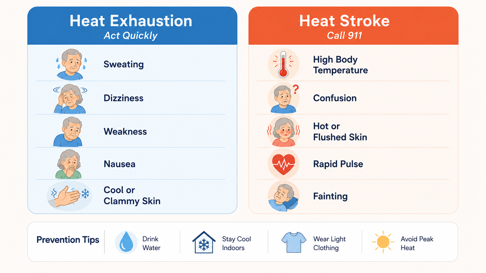 Diagram comparing heat exhaustion and heat stroke warning signs in seniors