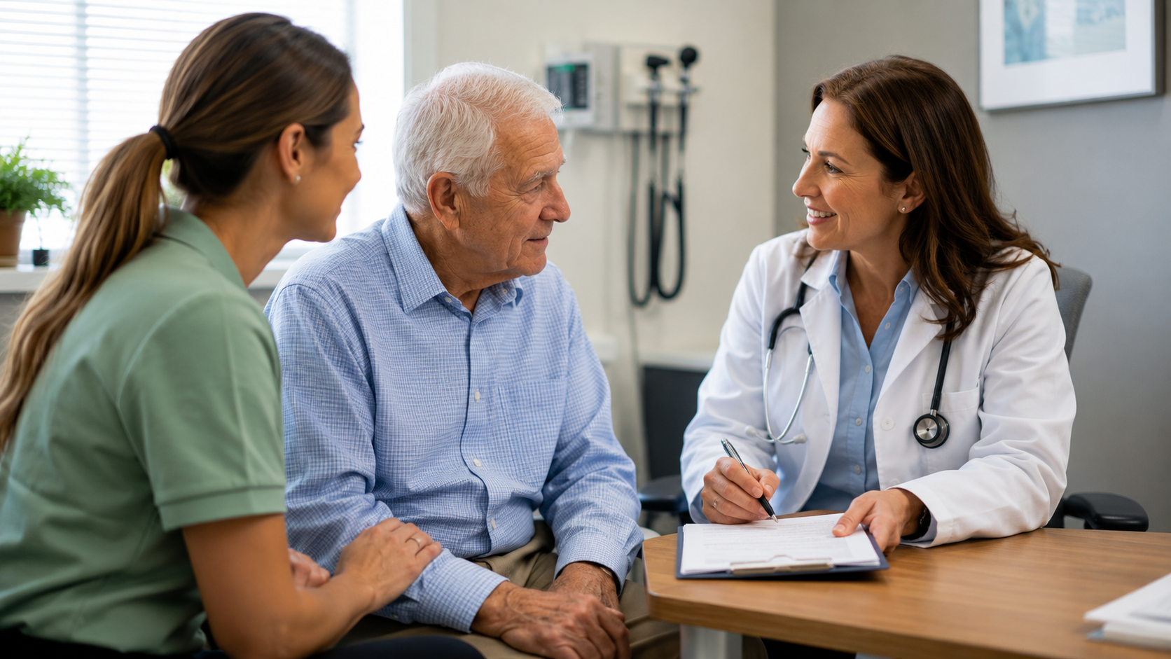 Patient advocate attending a doctor appointment with an elderly parent in Hartford County CT