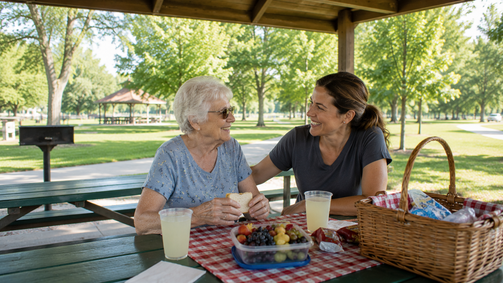 Older women summer picnic at a shaded park with family and friends in a peaceful outdoor setting.
