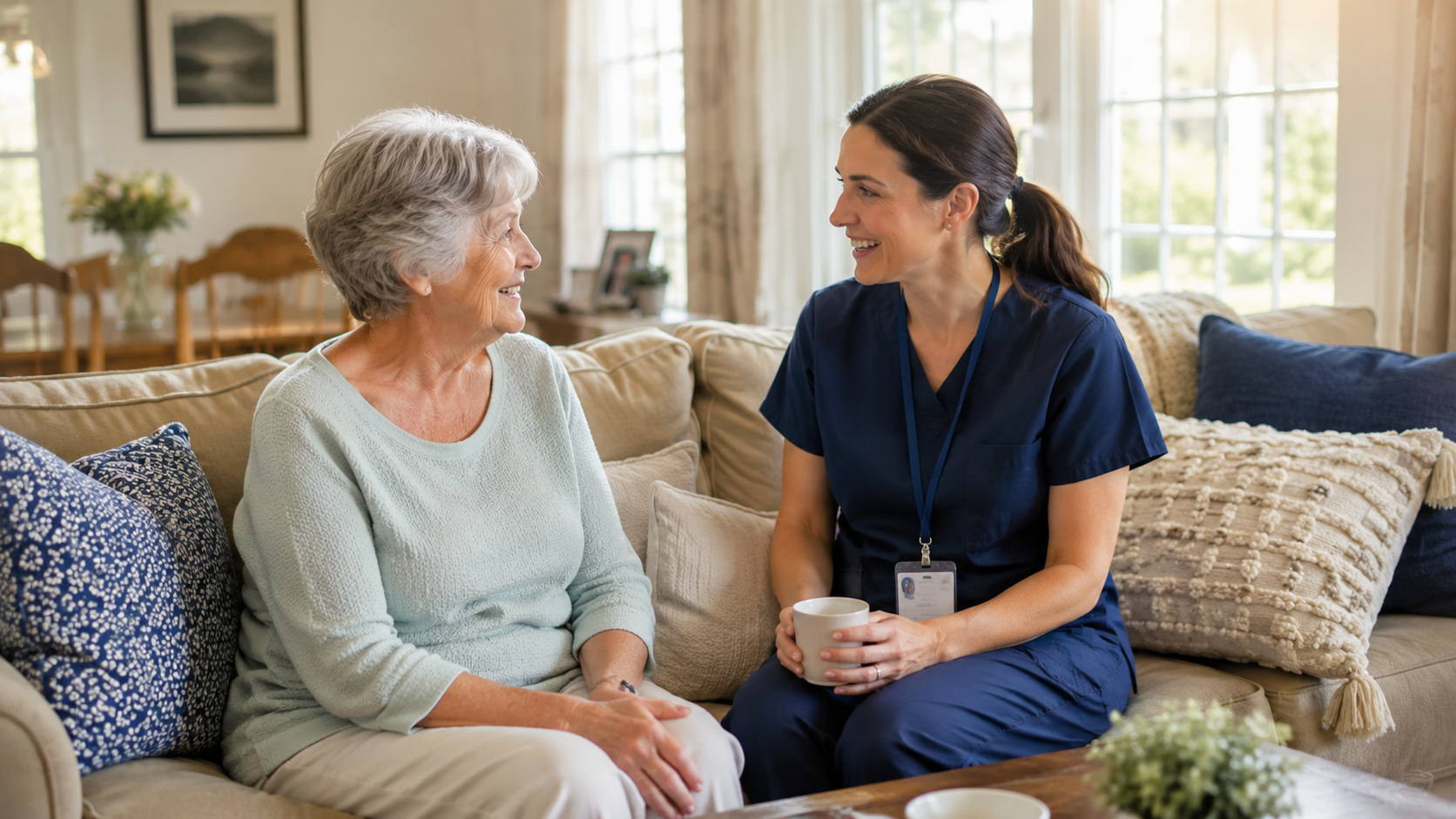 Older woman speaking comfortably with a caregiver on a couch in a bright welcoming home environment.