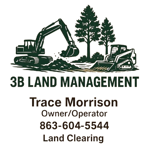 3B Land Management logo with excavators, trees, and contact info for Trace Morrison, owner/operator, land clearing