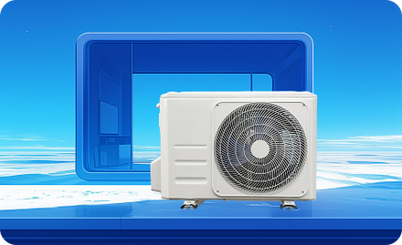 White air conditioning unit, blue background, abstract cube.