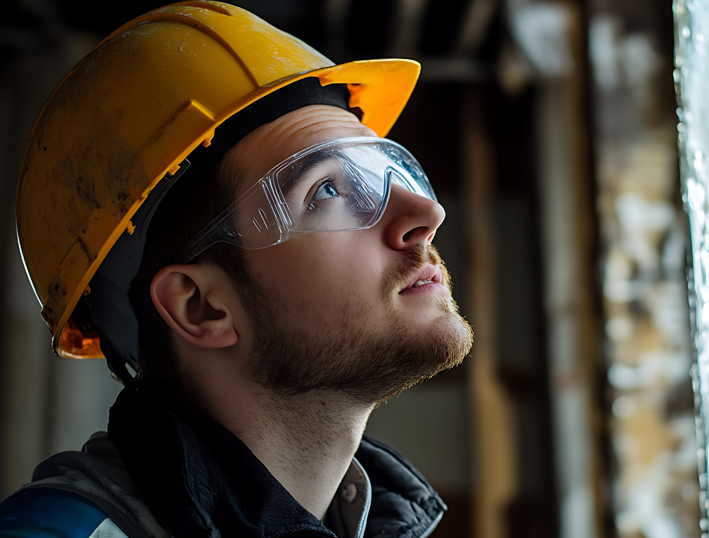 Construction worker wearing a yellow hard hat and safety glasses, looking upward in a building.