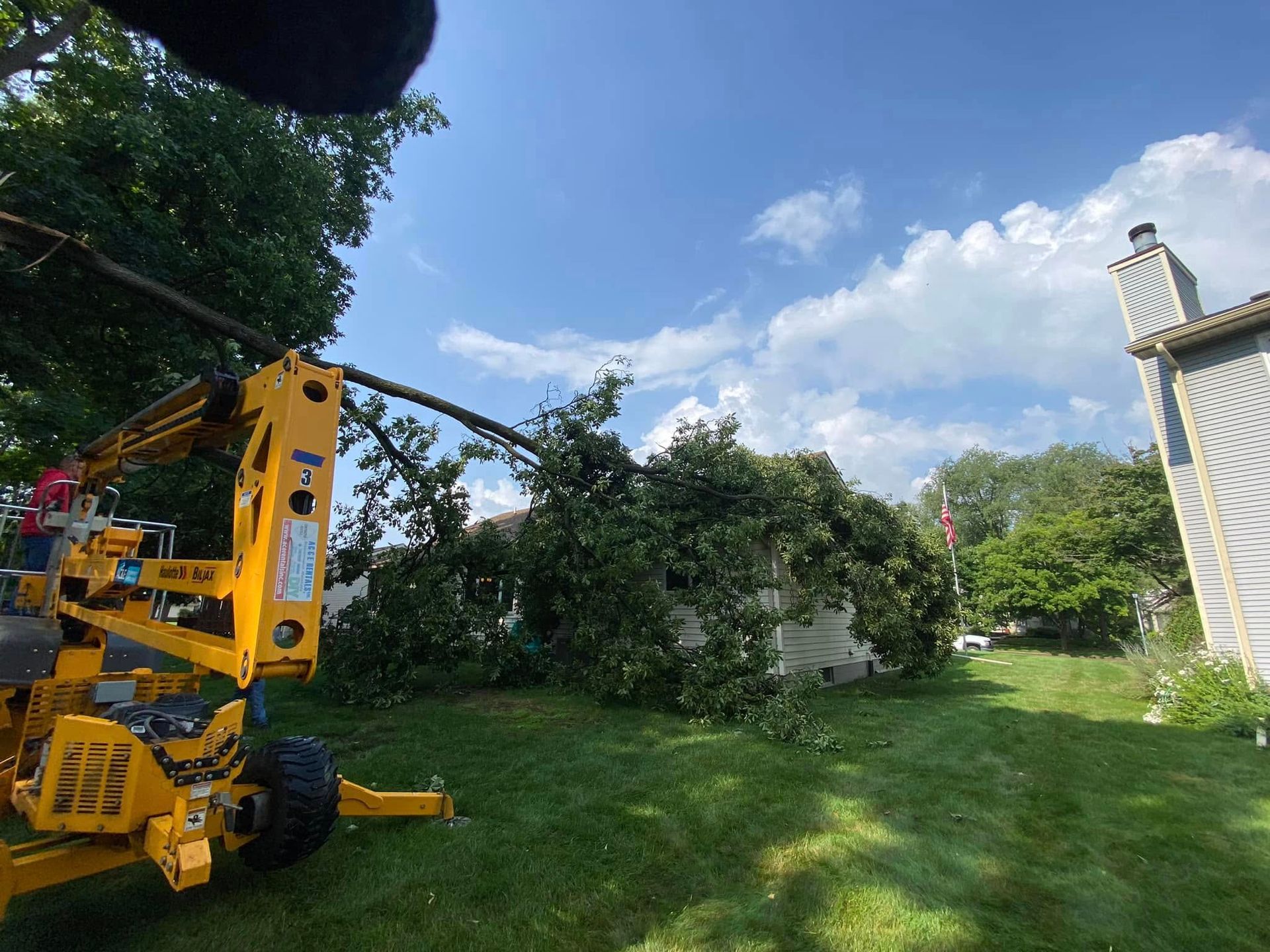 Yellow tree-lift in a grassy yard beside a house, reaching toward overhanging branches under a blue sky.