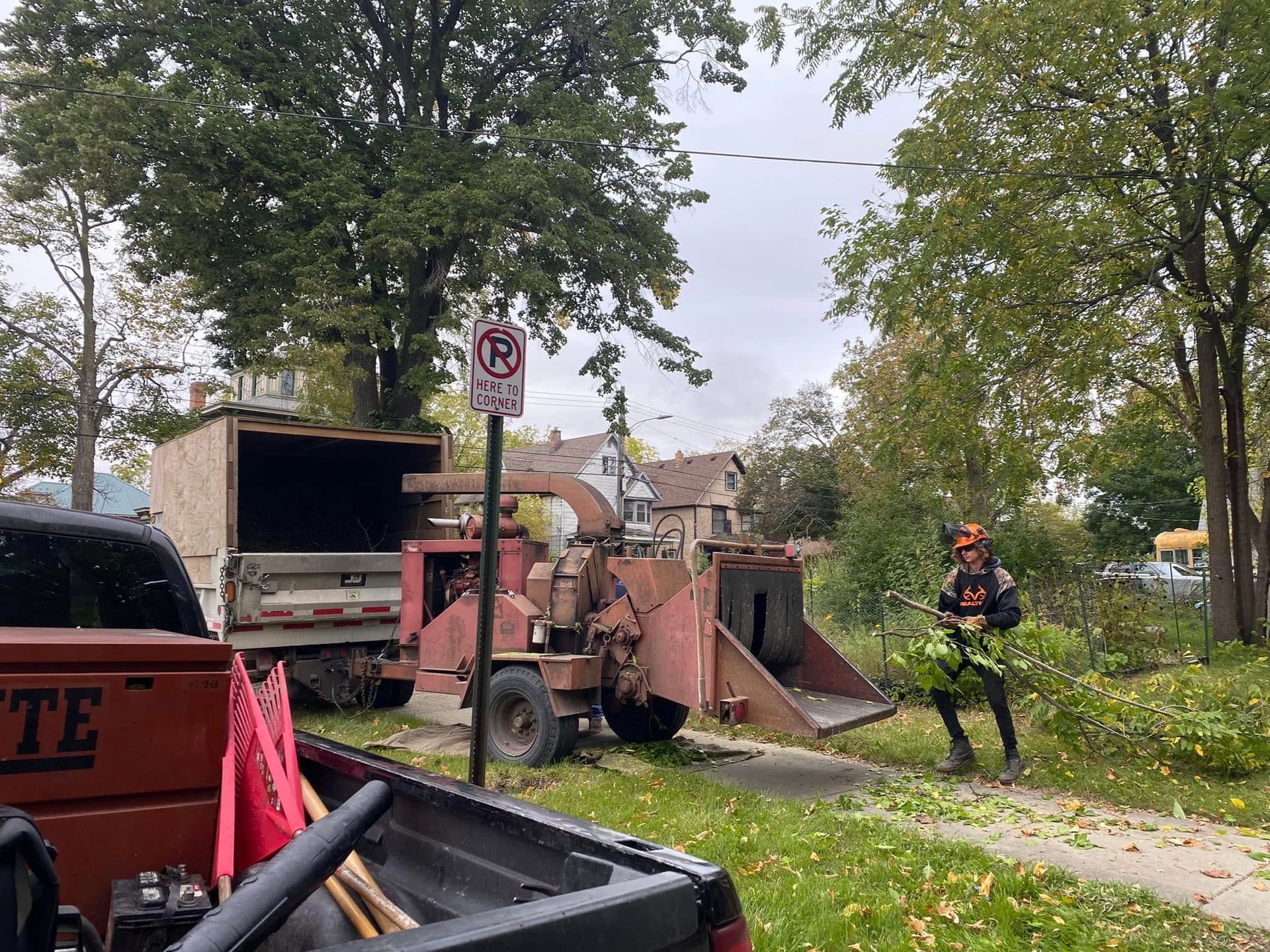 Worker beside red wood chipper on tree-lined street with utility truck nearby