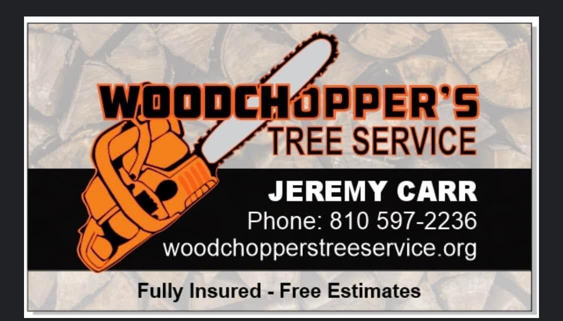 Woodchopper's Tree Service business card with orange chainsaw logo, Jeremy Carr, phone number, website, fully insured