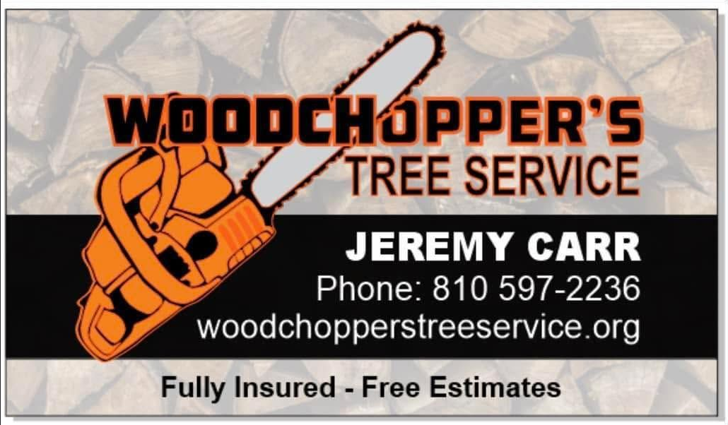 Woodchopper’s Tree Service logo with orange chainsaw hand, Jeremy Carr, phone number, and website.