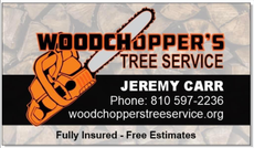 Woodchopper’s Tree Service logo with orange chainsaw hand, Jeremy Carr, phone number, and website.