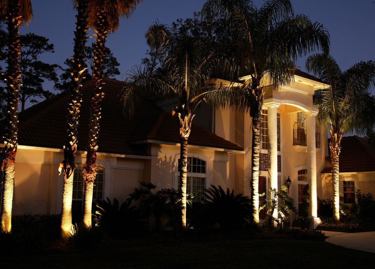 Night view of a two-story house with columned entrance, lit up palm trees and soft outdoor lighting.