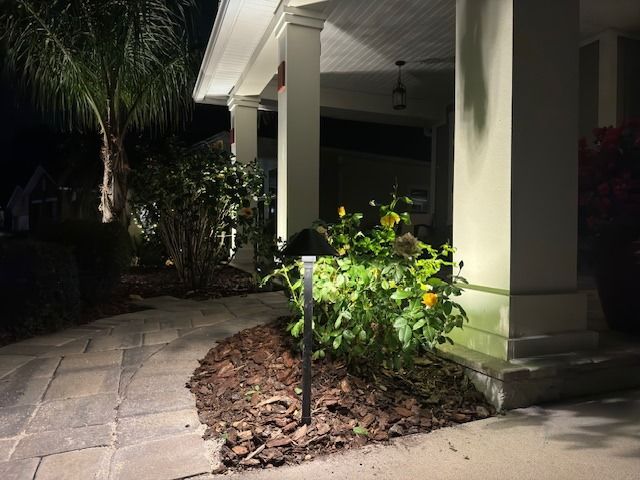 A walkway at night, lit by landscaping lights, leads to a house with columns and green shrubbery.