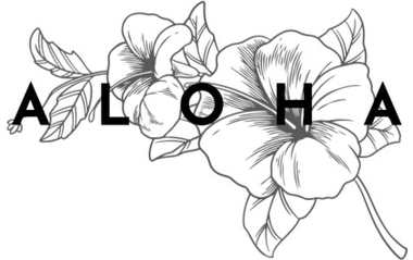 "Aloha" text over floral line art of hibiscus flowers.