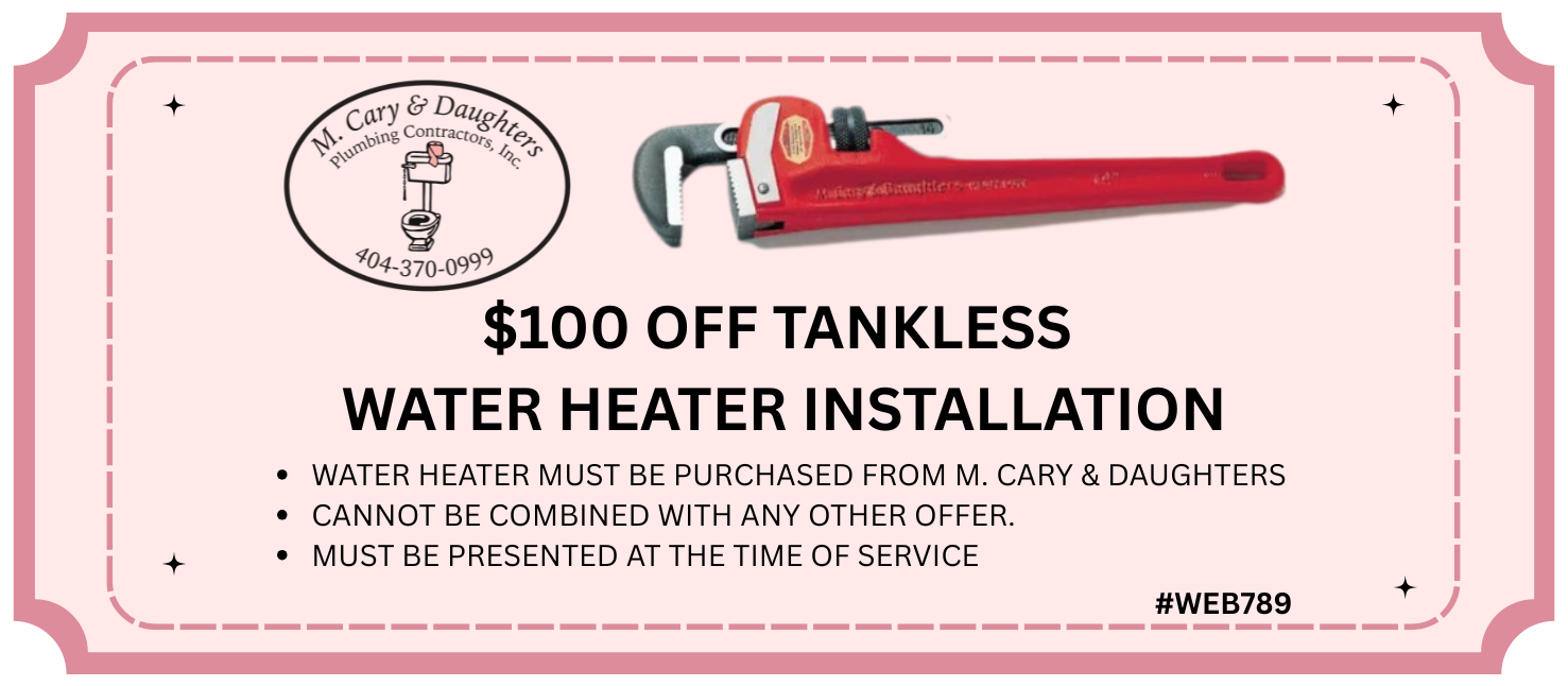 Pink promo banner for $100 off tankless water heater installation, with wrench illustration and bullet points