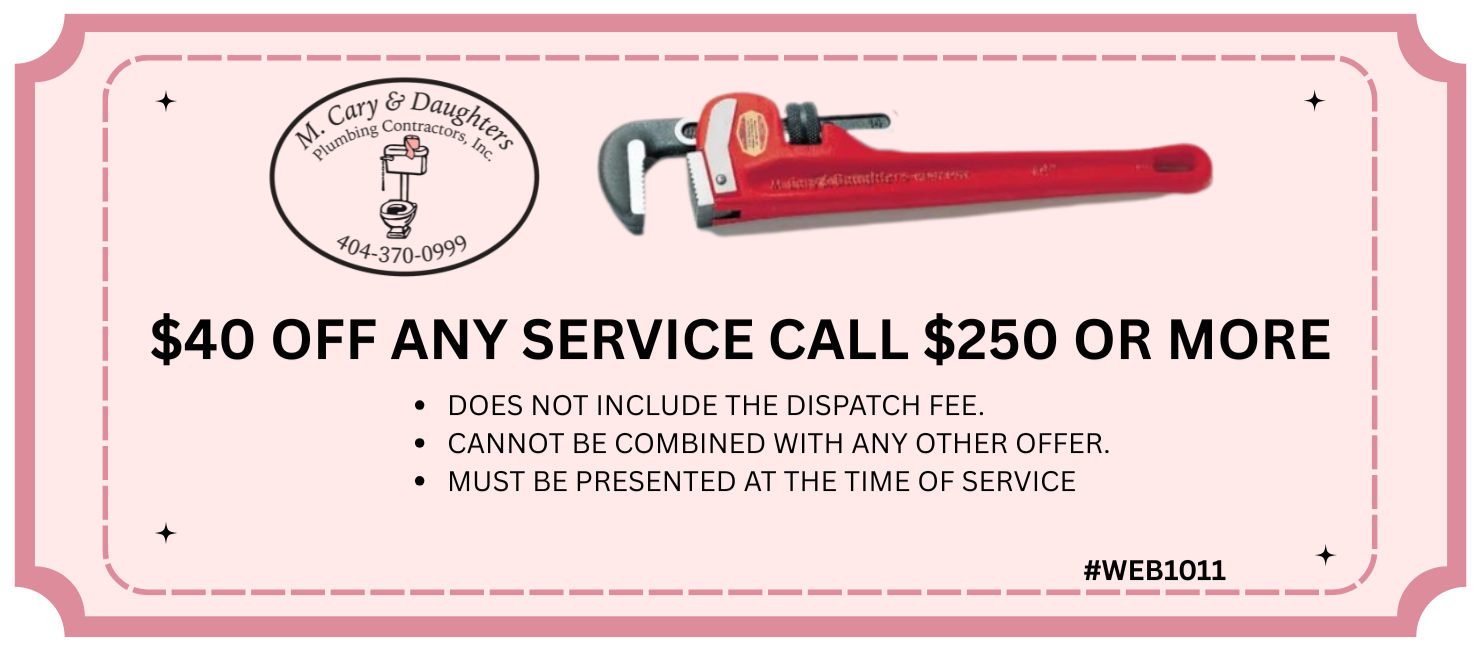 Pink coupon ad for $40 off any service call $250 or more, with a red heater icon and fine print.
