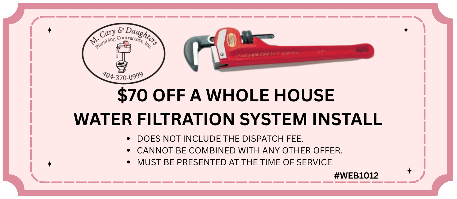 Pink ad for $70 off whole-house water filtration installation, with a red filter system and promo details.