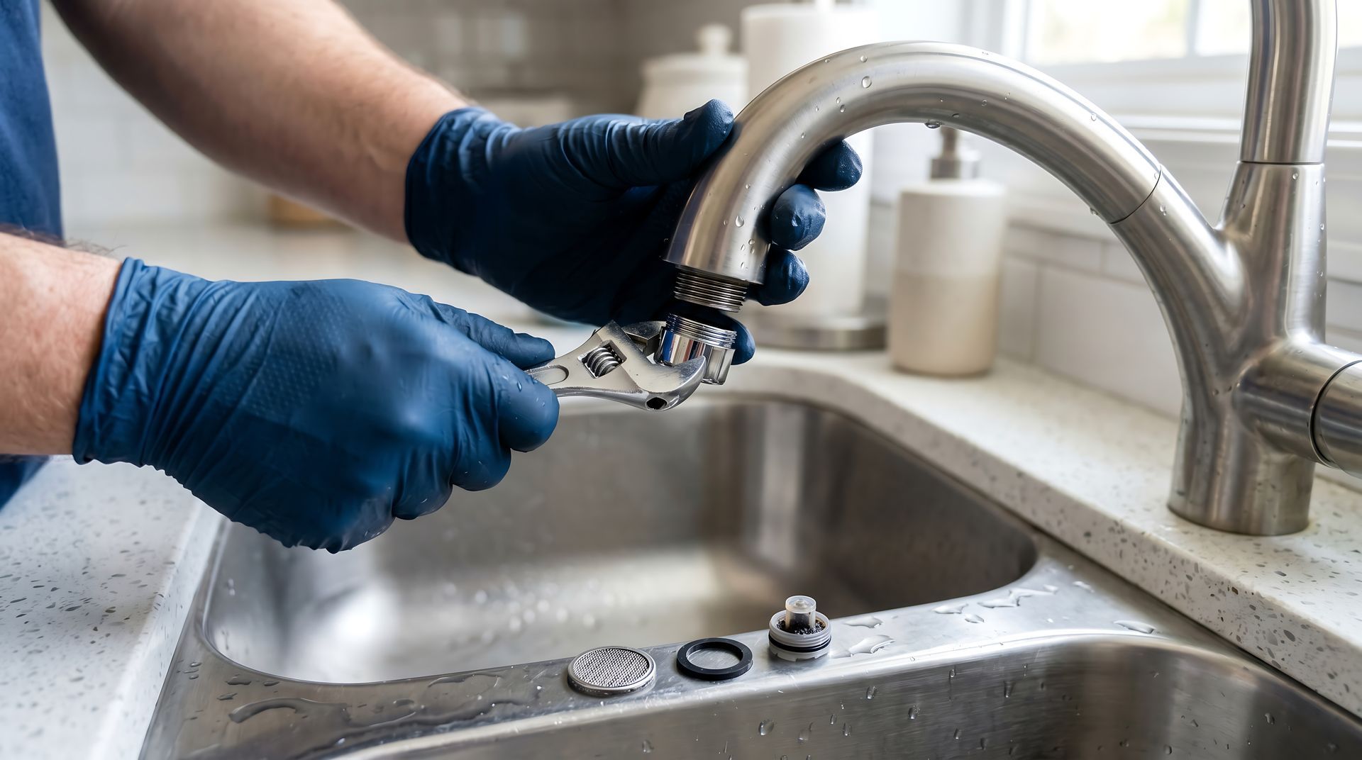 Close up of male hands wearing blue nitrile gloves using an adjustable wrench tool to repair or replace a kitchen faucet spout over a stainless steel