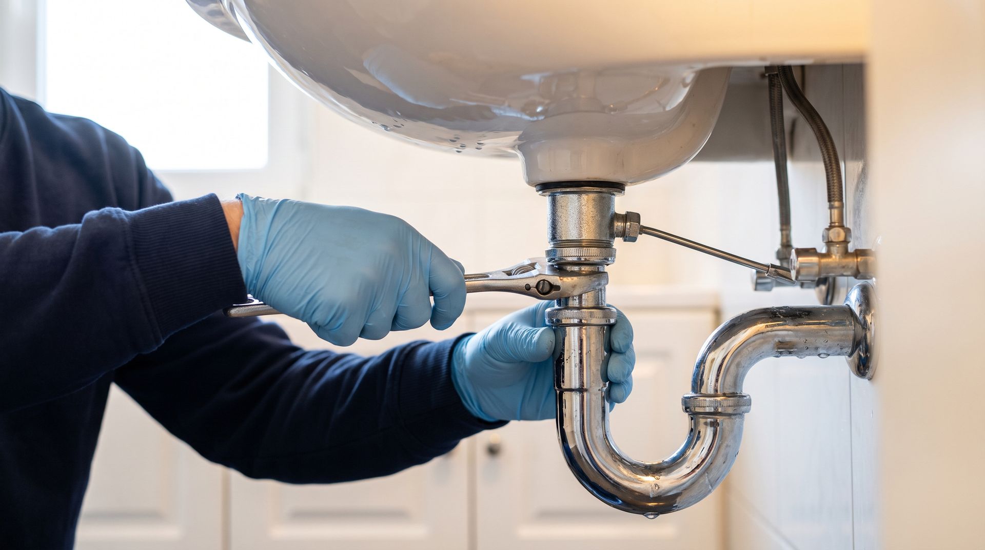 Professional plumber using a wrench to secure a chrome P-trap pipe under a bathroom sink.