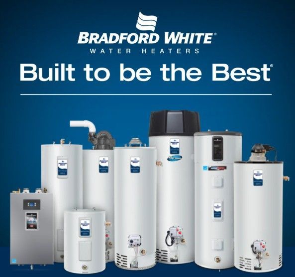 Bradford White Water Heaters ad with multiple white tanks and slogan “Built to be the Best”