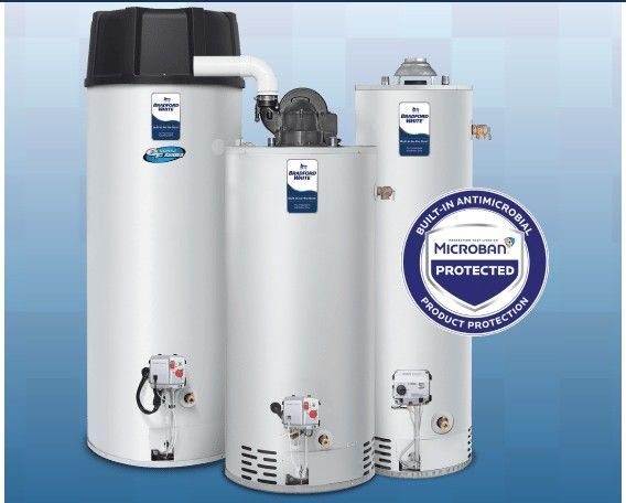 Three white Rheem water heaters on a blue background with a Micron protected badge