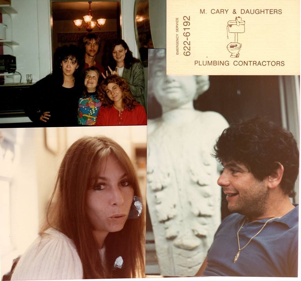 Collage of three vintage photos of people, including portraits and a smiling couple beside a stone statue.