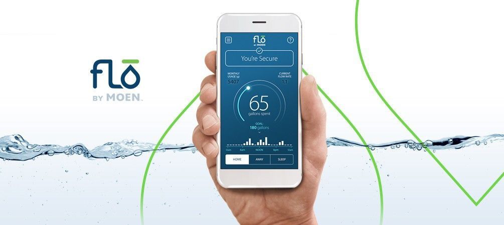 Hand holding smartphone showing a blue fitness app screen with Flo logo and water splash background