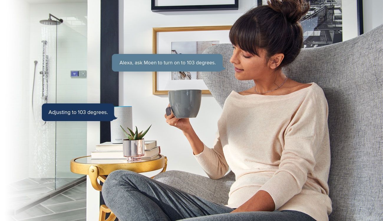 Woman sitting on a sofa, holding a smartphone in a bright living room with floating app-style labels.
