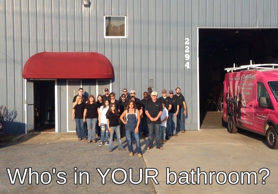 Group of people standing outside a building next to a pink van; text reads, “Who’s in YOUR bathroom?”