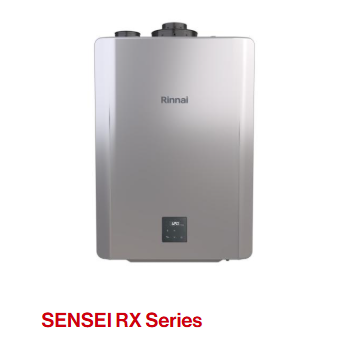Rinnai Sensei RX Series gray wall-mounted tankless water heater with digital display