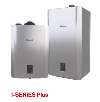 Two silver Rinnai I-SERIES Plus water heaters on white background