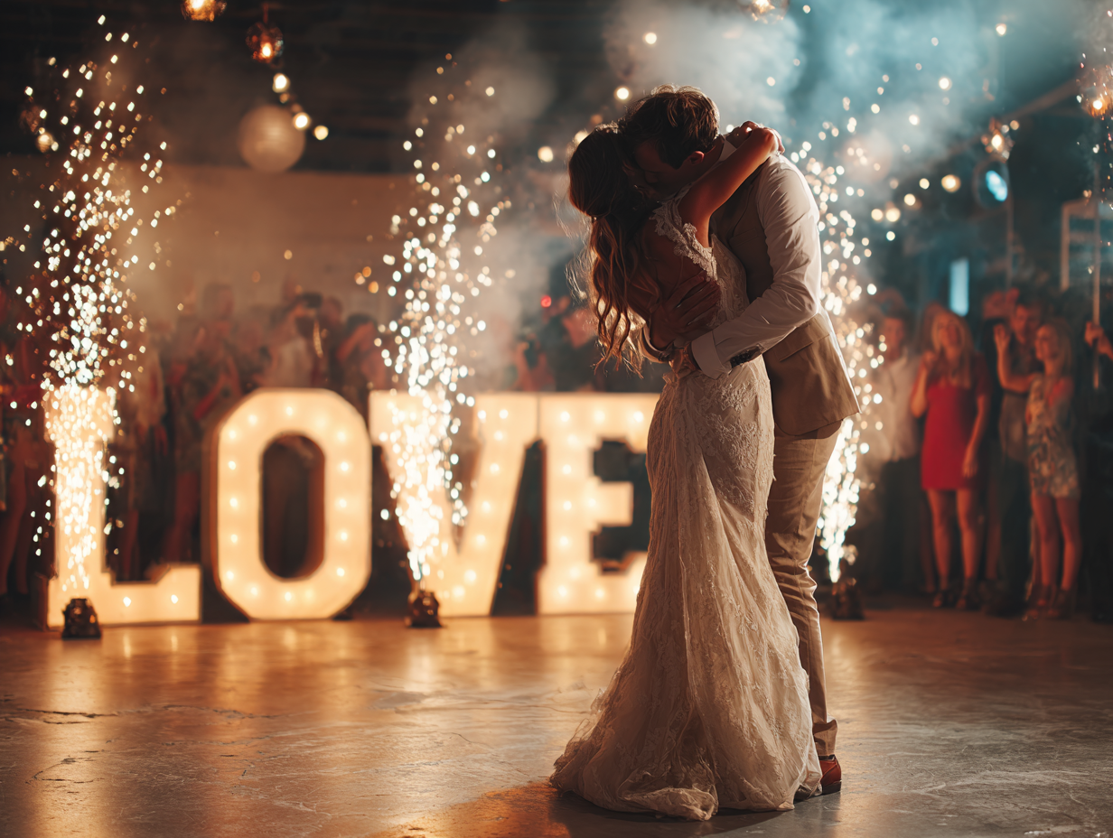 Couple kissing on a dance floor, fireworks, glowing