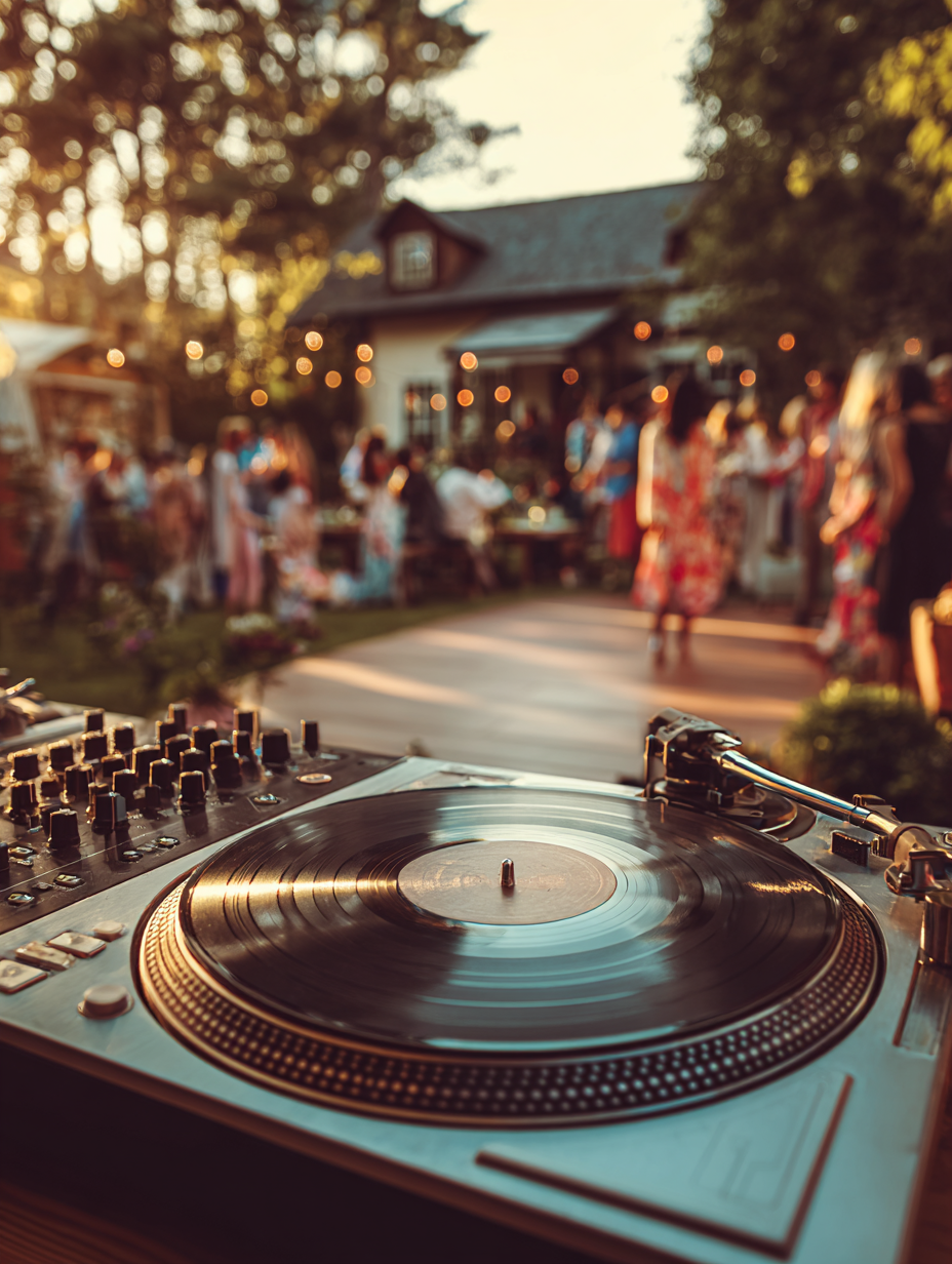 DJ turntable with vinyl record, blurred outdoor party in the background; sunlight.