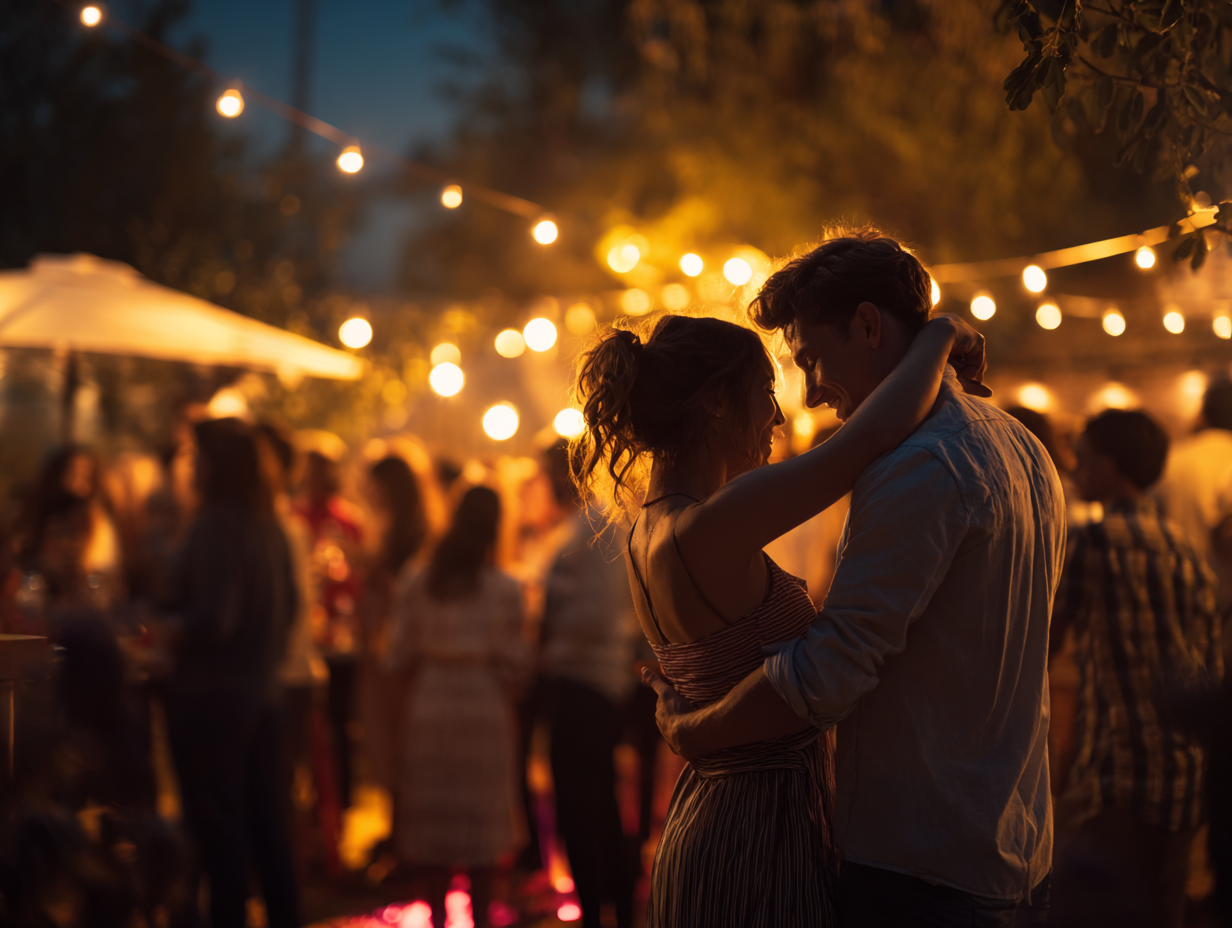 Couple dancing outdoors at night, surrounded by blurred party guests and string lights.