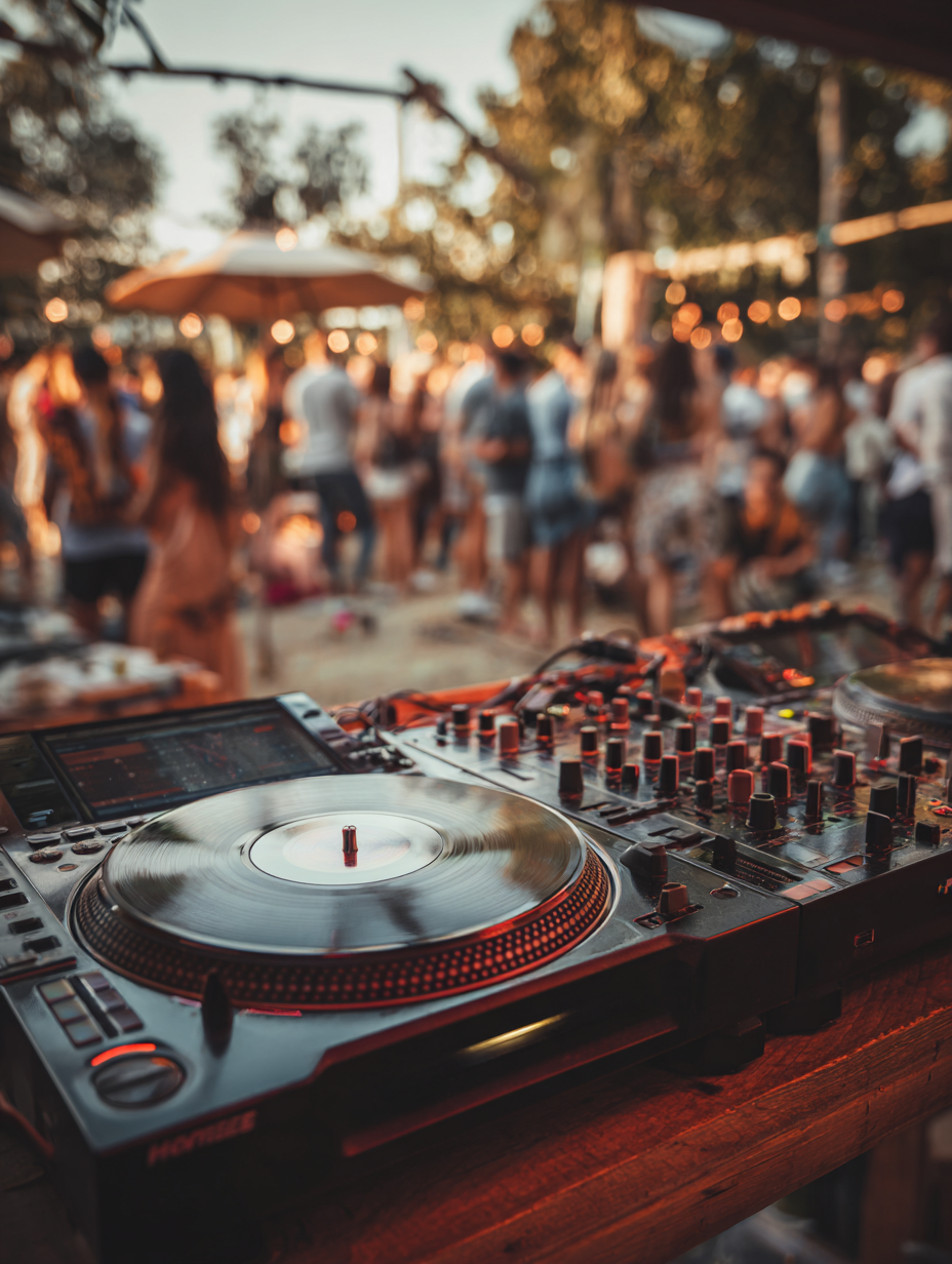 DJ mixer in focus, blurred outdoor party scene with many people socializing.