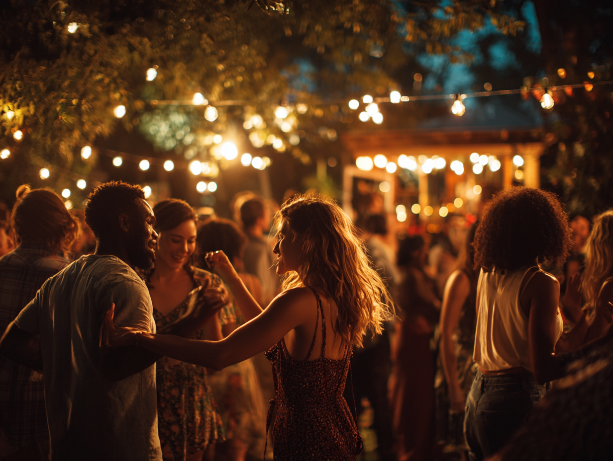 People dancing at an outdoor party at night, illuminated by string lights.