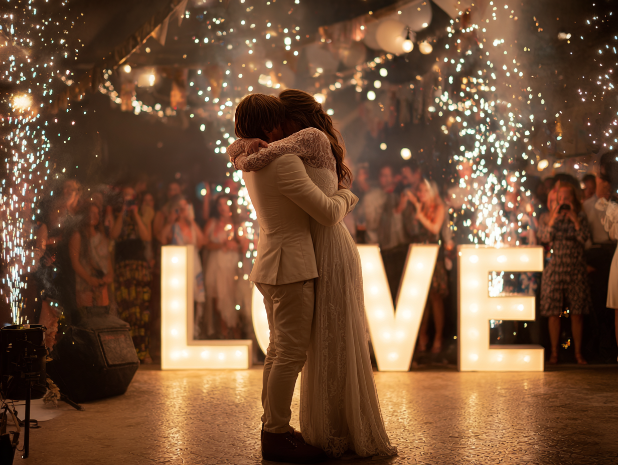 Couple embraces in front of 