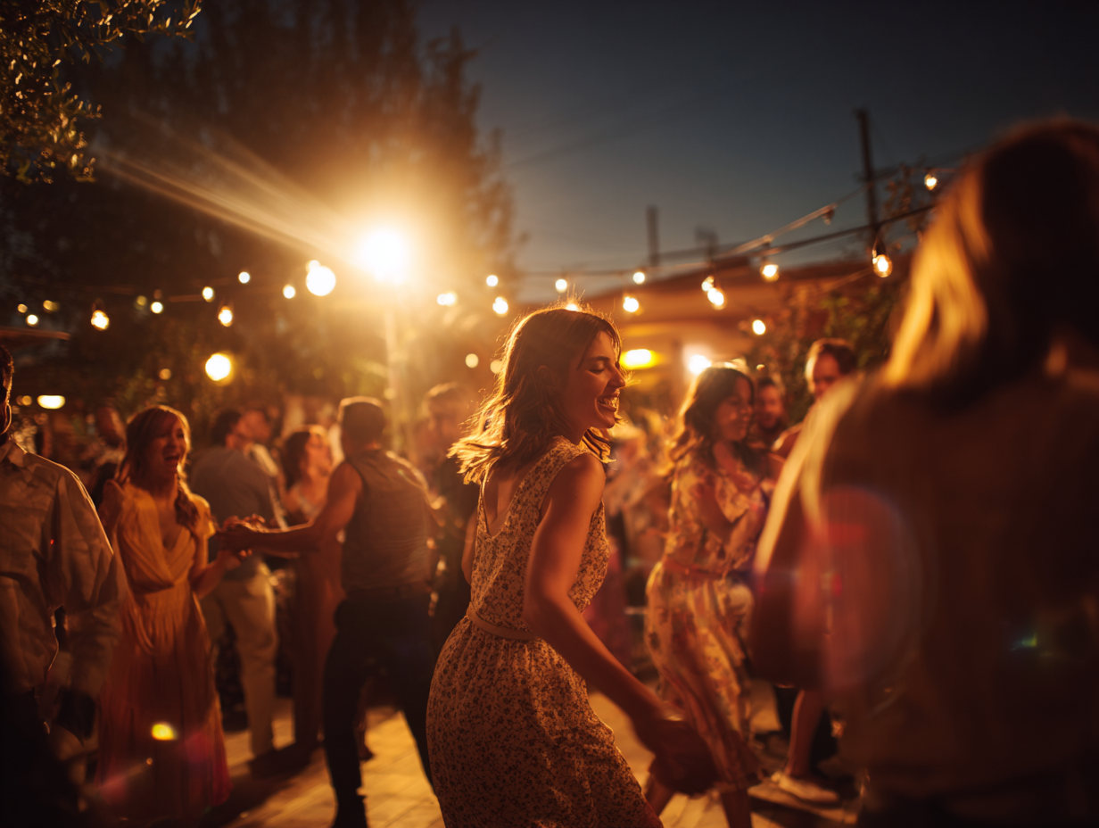 People dancing outdoors at night under string lights.