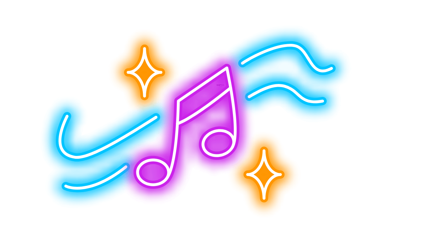 A neon sign of music notes and stars on a white background.