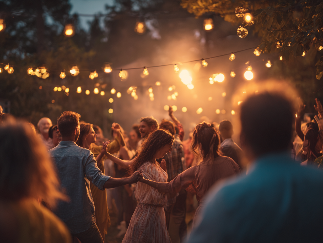 People dancing at an outdoor evening event under string lights.